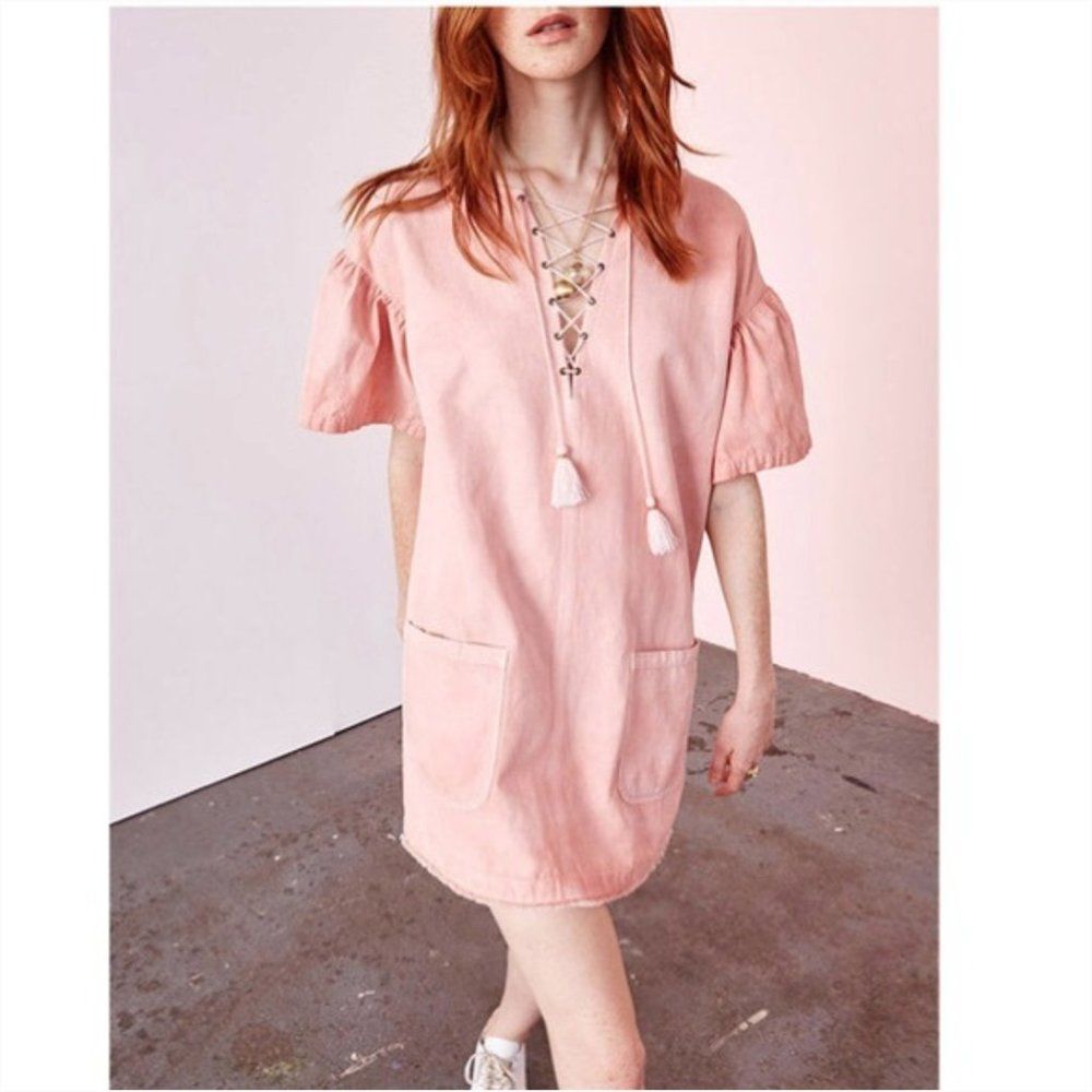 Ulla Johnson Marcelle Lace Up Mini Dress 6 Peach Cotton Linen Coquette Boho Chic